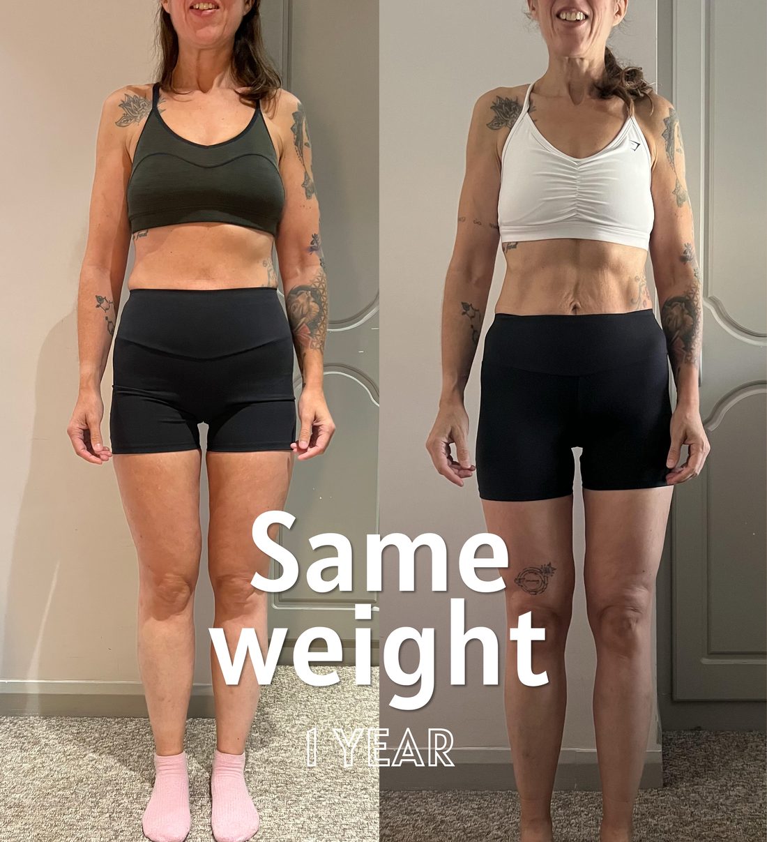 Client before and after: same weight, 1 year, completely different body